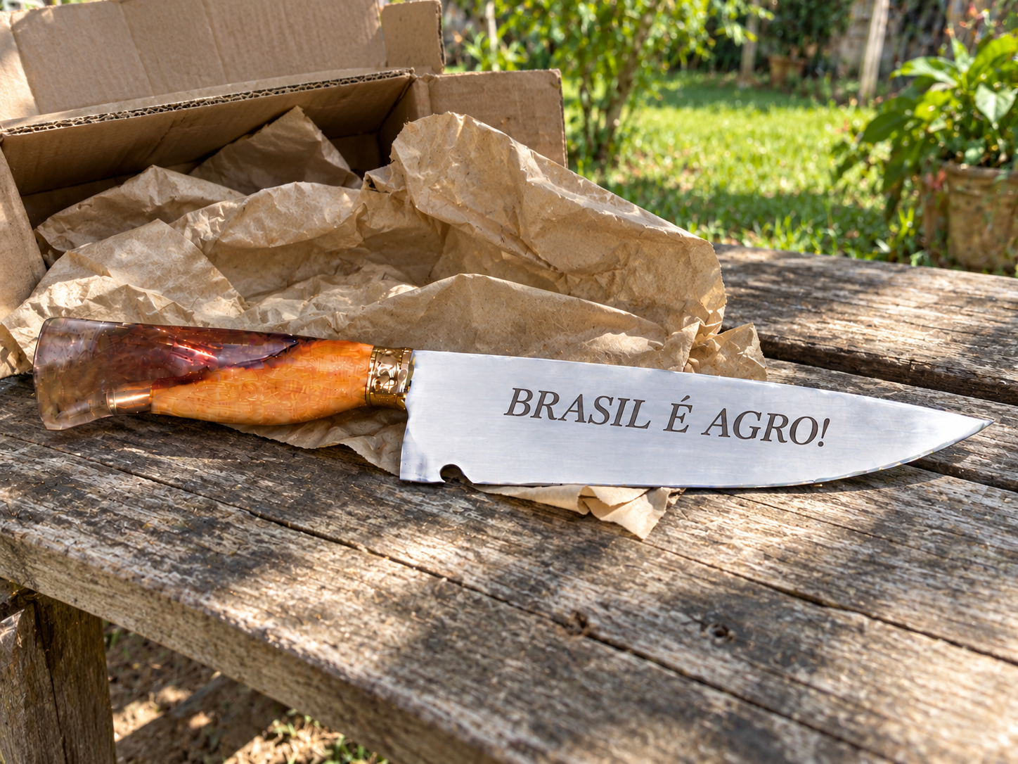 Cena fictícia 04: faca personalizada recém-desembalada, imagem gerada por IA
