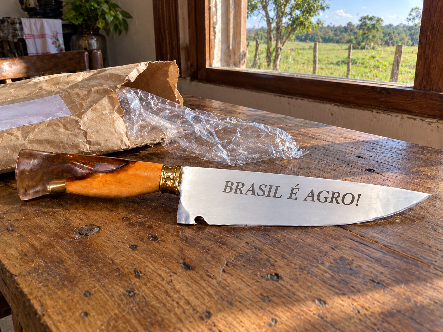 Cena fictícia 13: faca personalizada recém-desembalada, imagem gerada por IA